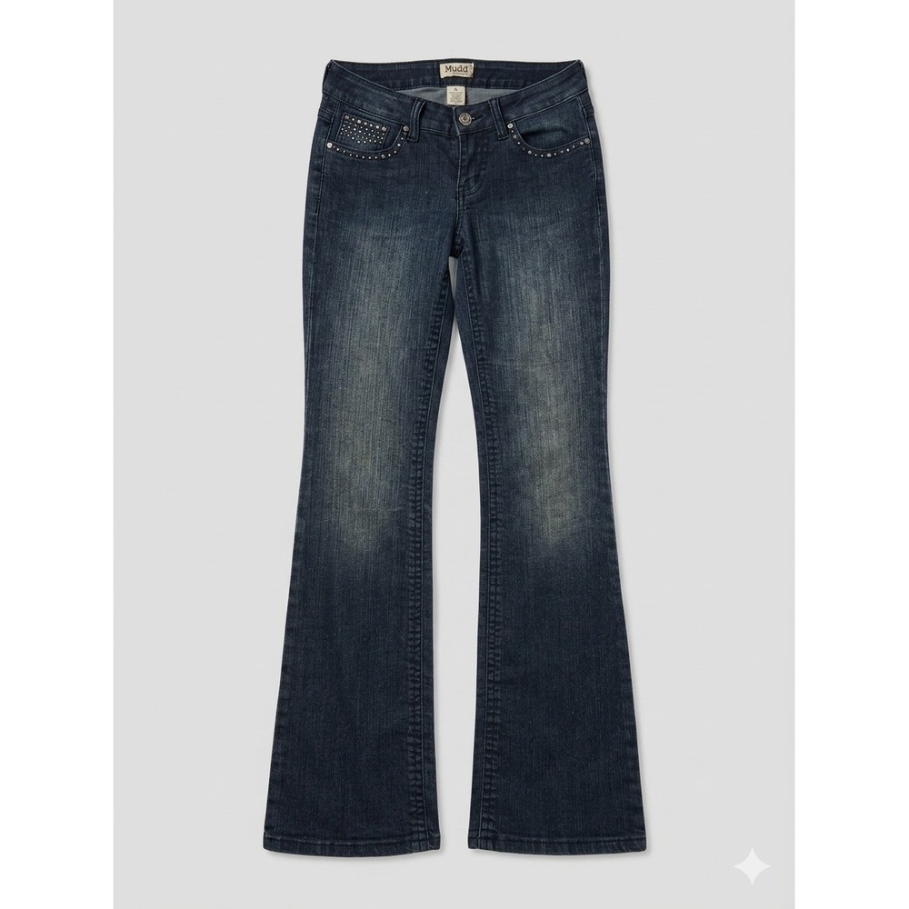 Mudd Y2K‎ Flare Jeans Dark Wash Rhinestone Studded Low Rise Sz 1 DJ8M412519 Y2K